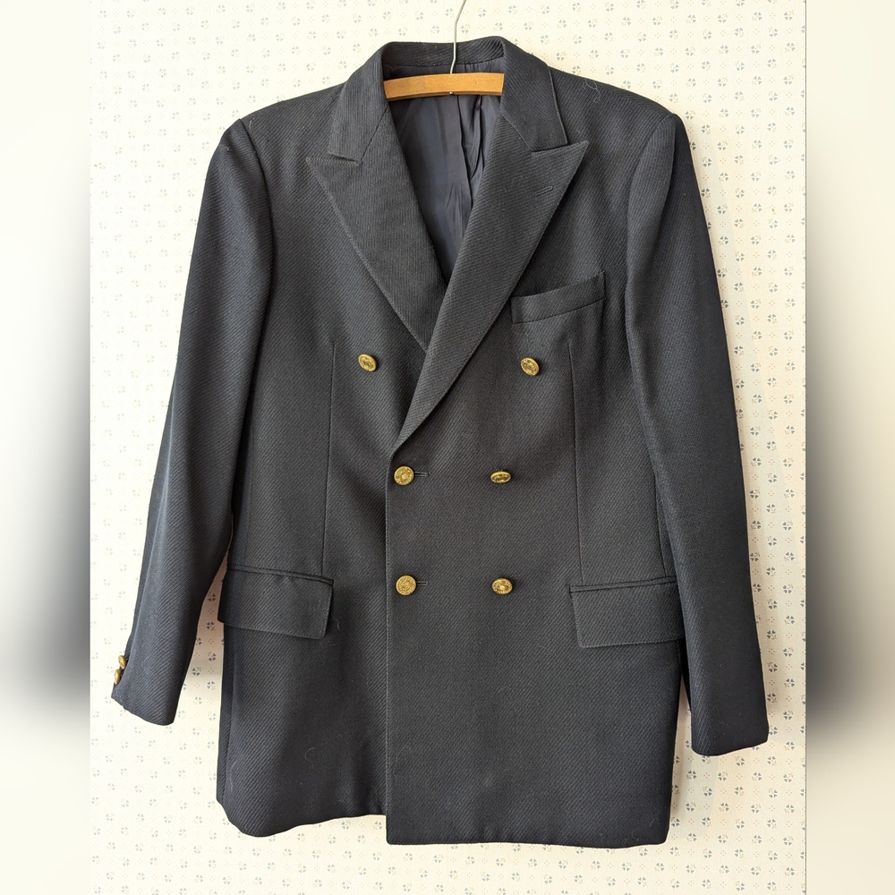 💙 🖤 Vintage Bloomingdales Double-Breasted Blazer Gold Buttons France Academia